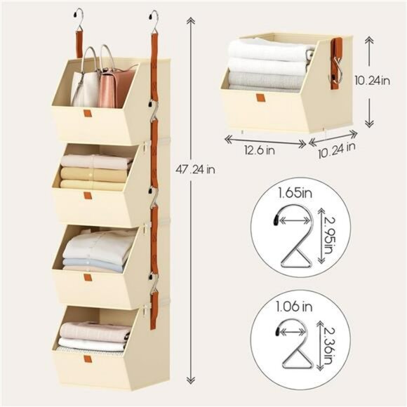 Hanging closet organizer 4 tier shelves with fabric storage bins bedroom dorm RV - Picture 3 of 8